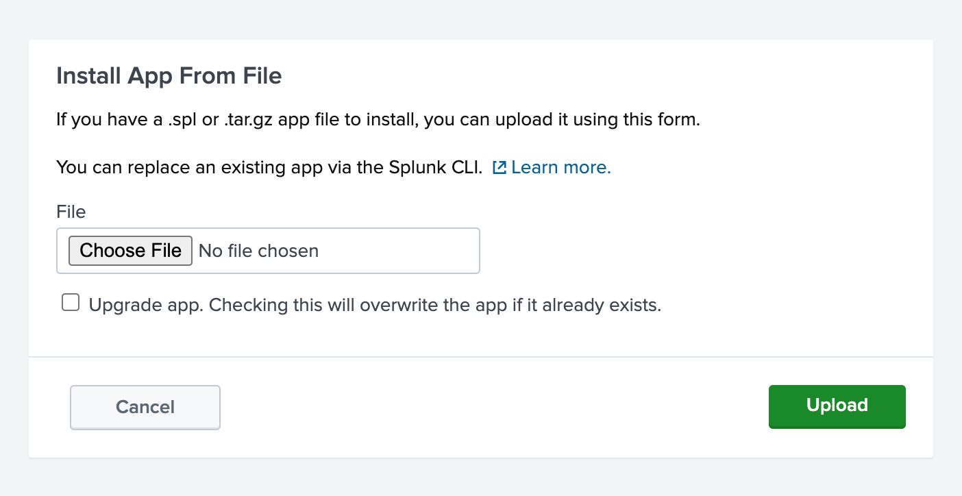 Splunk app installation dialog for uploading the ClickHouse add-on - Zoomed